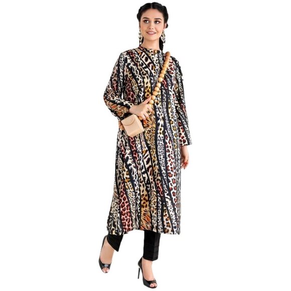 Animal print leopard long sleeves shift shirt-dress kaftan tunic kurta XS/S - Picture 2 of 12